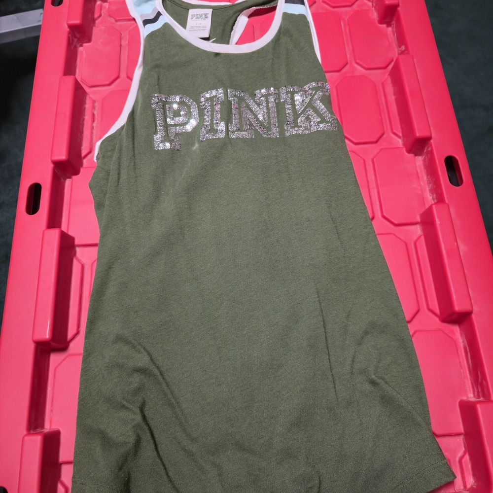PINK Victoria's Secret Green Tank Top with Sparkle Logo